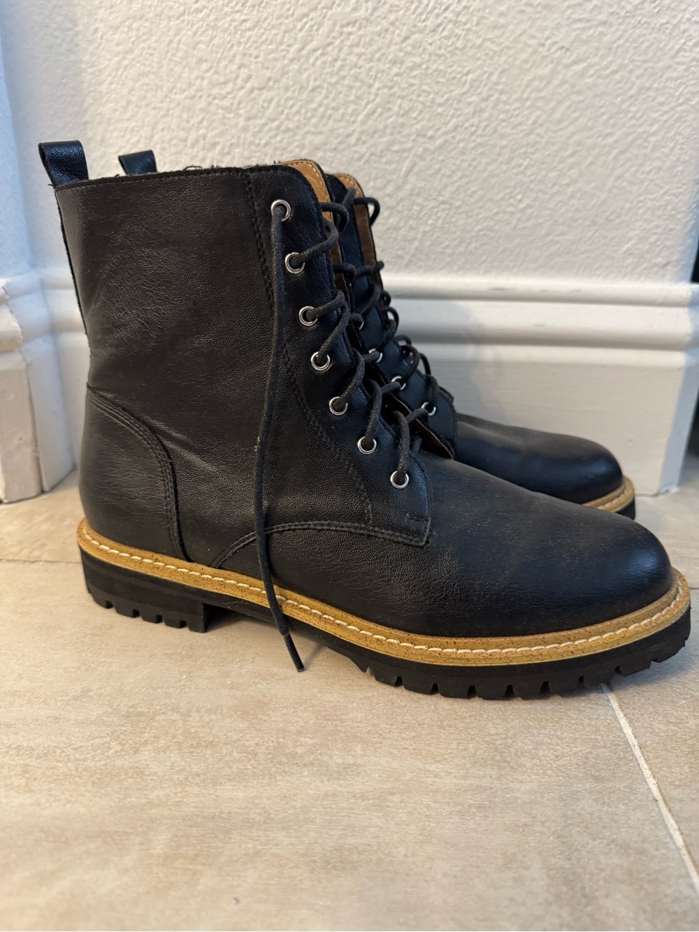 Women's Black Lace-Up Combat Boots with Contrast Welt